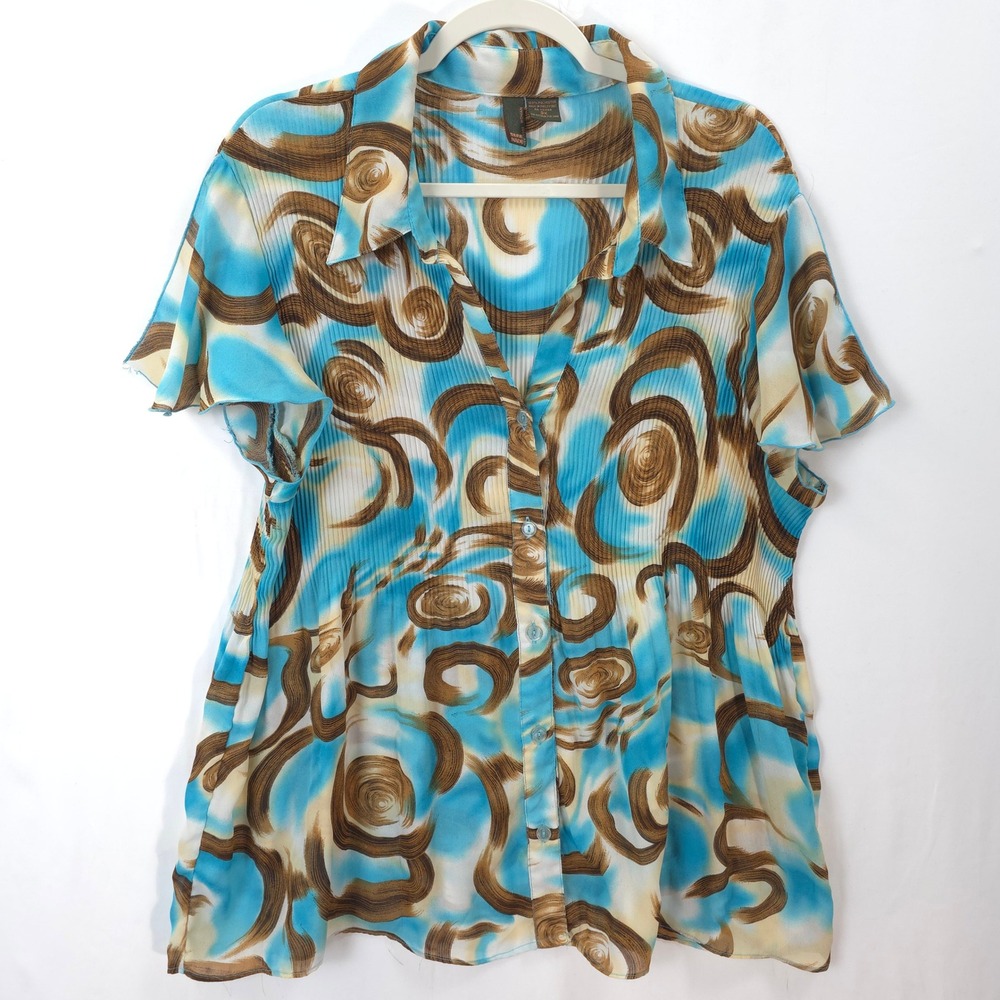 Sere Nade Blouse 3X Blue Brown Abstract Sheer‎ Pleated Button Front Top Office